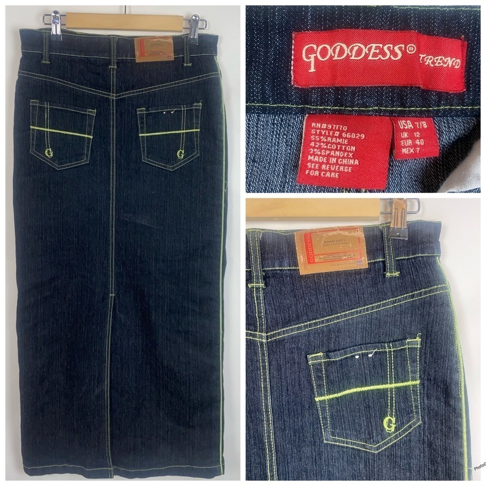 Vintage Goddess‎ Y2K Maxi Denim Skirt back slit neon pop 7/8
